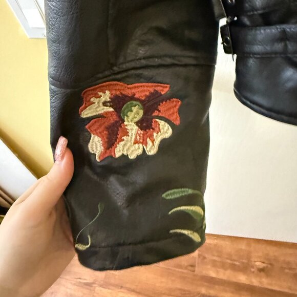 Embroidered Black. Vegan Leather Jacket - Picture 3 of 6